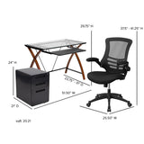 Work From Home Kit - Glass Desk with Keyboard Tray, Ergonomic Mesh Office Chair and Filing Cabinet with Lock & Inset Handles