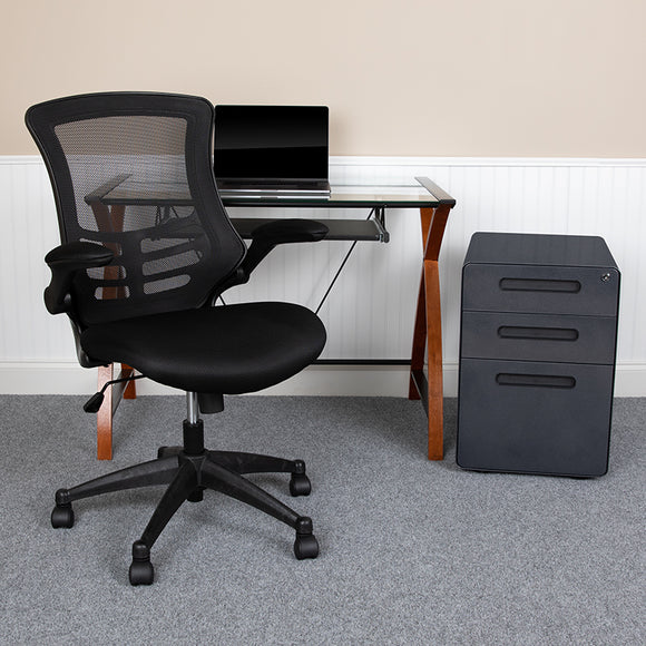 Work From Home Kit - Glass Desk with Keyboard Tray, Ergonomic Mesh Office Chair and Filing Cabinet with Lock & Inset Handles by Office Chairs PLUS