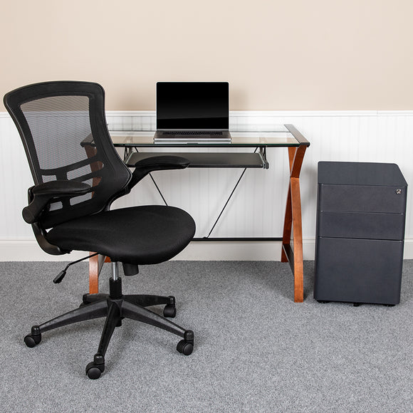 Work From Home Kit - Glass Desk with Keyboard Tray, Ergonomic Mesh Office Chair and Filing Cabinet with Lock & Side Handles by Office Chairs PLUS
