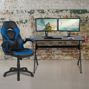 Black Gaming Desk and Blue and Black Racing Chair Set with Cup Holder, Headphone Hook & 2 Wire Management Holes by Office Chairs PLUS