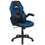 Black Gaming Desk and Blue and Black Racing Chair Set with Cup Holder, Headphone Hook & 2 Wire Management Holes