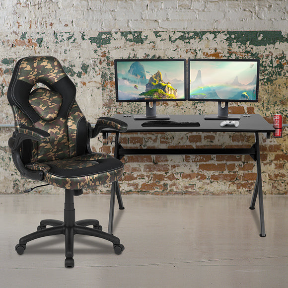 Black Gaming Desk and Camouflage/Black Racing Chair Set with Cup Holder, Headphone Hook & 2 Wire Management Holes by Office Chairs PLUS