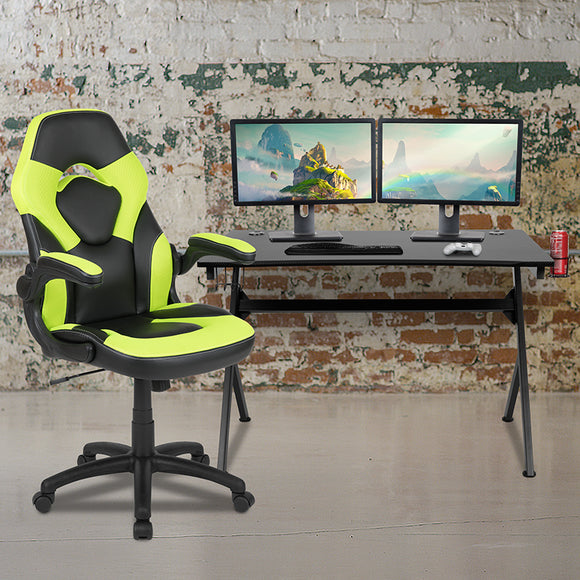Black Gaming Desk and Green/Black Racing Chair Set with Cup Holder, Headphone Hook & 2 Wire Management Holes by Office Chairs PLUS