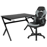 Black Gaming Desk and Gray/Black Racing Chair Set with Cup Holder, Headphone Hook & 2 Wire Management Holes