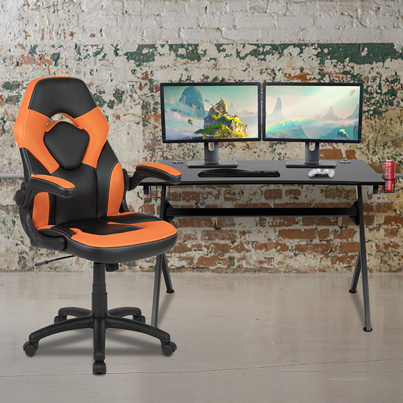 Black Gaming Desk and Orange/Black Racing Chair Set with Cup Holder, Headphone Hook & 2 Wire Management Holes by Office Chairs PLUS
