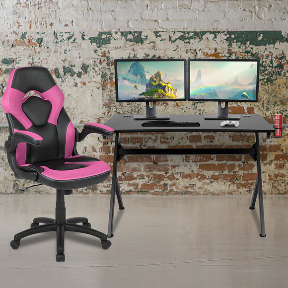 Black Gaming Desk and Pink/Black Racing Chair Set with Cup Holder, Headphone Hook & 2 Wire Management Holes by Office Chairs PLUS