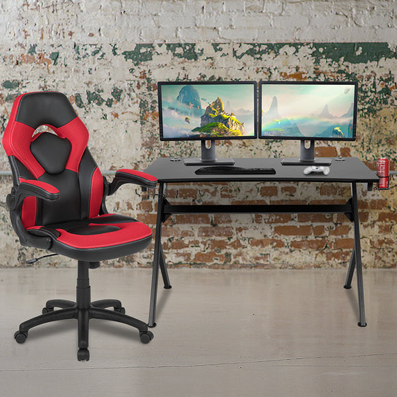 Black Gaming Desk and Red/Black Racing Chair Set with Cup Holder, Headphone Hook & 2 Wire Management Holes by Office Chairs PLUS