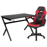 Black Gaming Desk and Red/Black Racing Chair Set with Cup Holder, Headphone Hook & 2 Wire Management Holes