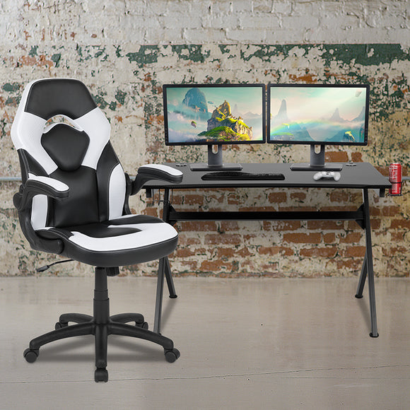 Black Gaming Desk and White/Black Racing Chair Set with Cup Holder, Headphone Hook & 2 Wire Management Holes by Office Chairs PLUS