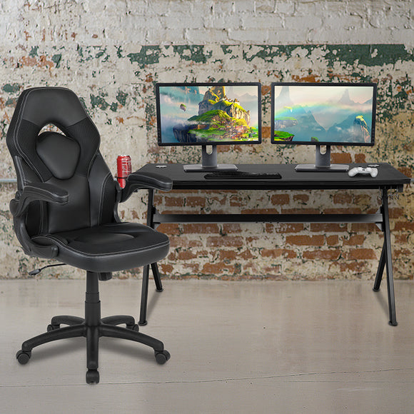 Gaming Desk and Black Racing Chair Set /Cup Holder/Headphone Hook/Removable Mouse Pad Top - 2 Wire Management Holes by Office Chairs PLUS