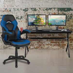 Gaming Desk and Blue/Black Racing Chair Set /Cup Holder/Headphone Hook/Removable Mouse Pad Top - 2 Wire Management Holes by Office Chairs PLUS