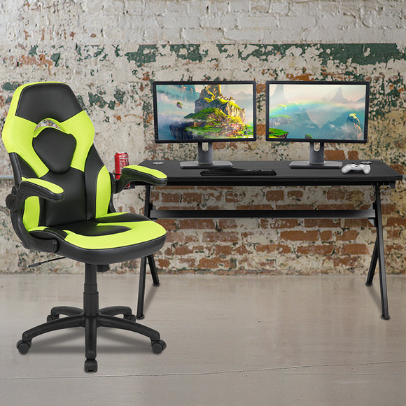 Gaming Desk and Green/Black Racing Chair Set /Cup Holder/Headphone Hook/Removable Mouse Pad Top - 2 Wire Management Holes by Office Chairs PLUS