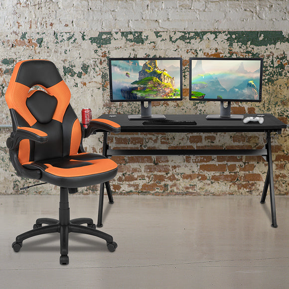 Gaming Desk and Orange/Black Racing Chair Set /Cup Holder/Headphone Hook/Removable Mouse Pad Top - 2 Wire Management Holes by Office Chairs PLUS