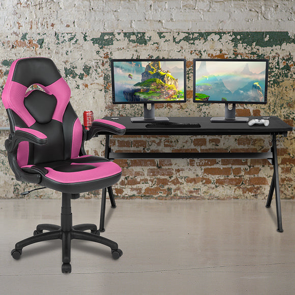 Gaming Desk and Pink/Black Racing Chair Set /Cup Holder/Headphone Hook/Removable Mouse Pad Top - 2 Wire Management Holes by Office Chairs PLUS