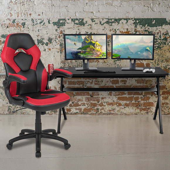 Gaming Desk and Red/Black Racing Chair Set /Cup Holder/Headphone Hook/Removable Mouse Pad Top - 2 Wire Management Holes by Office Chairs PLUS