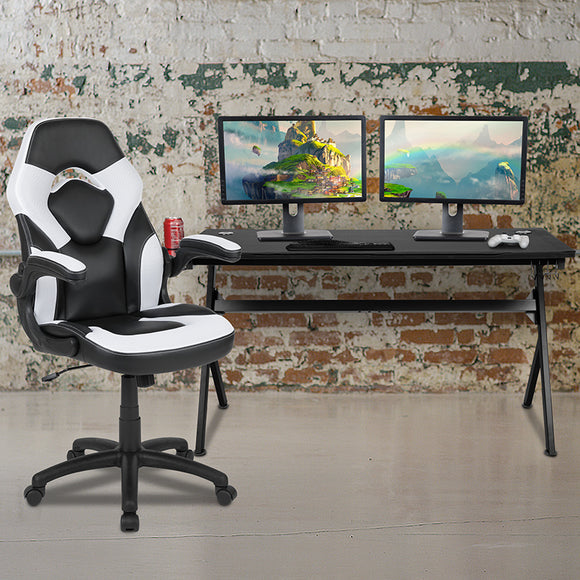 Gaming Desk and White/Black Racing Chair Set /Cup Holder/Headphone Hook/Removable Mouse Pad Top - 2 Wire Management Holes by Office Chairs PLUS