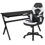 Gaming Desk and White/Black Racing Chair Set /Cup Holder/Headphone Hook/Removable Mouse Pad Top - 2 Wire Management Holes
