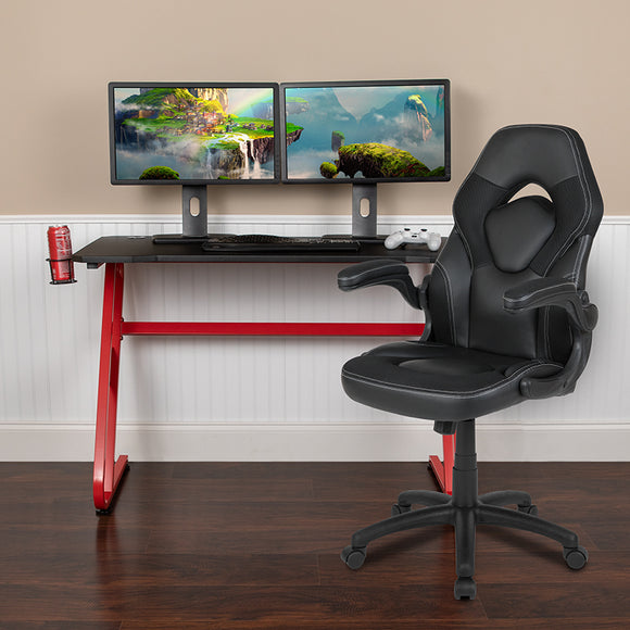 Red Gaming Desk and Black Racing Chair Set with Cup Holder and Headphone Hook by Office Chairs PLUS