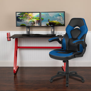Red Gaming Desk and Blue/Black Racing Chair Set with Cup Holder and Headphone Hook by Office Chairs PLUS