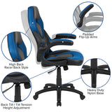 Red Gaming Desk and Blue/Black Racing Chair Set with Cup Holder and Headphone Hook