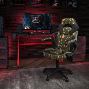 Red Gaming Desk and Camouflage/Black Racing Chair Set with Cup Holder and Headphone Hook by Office Chairs PLUS