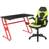 Red Gaming Desk and Green/Black Racing Chair Set with Cup Holder and Headphone Hook