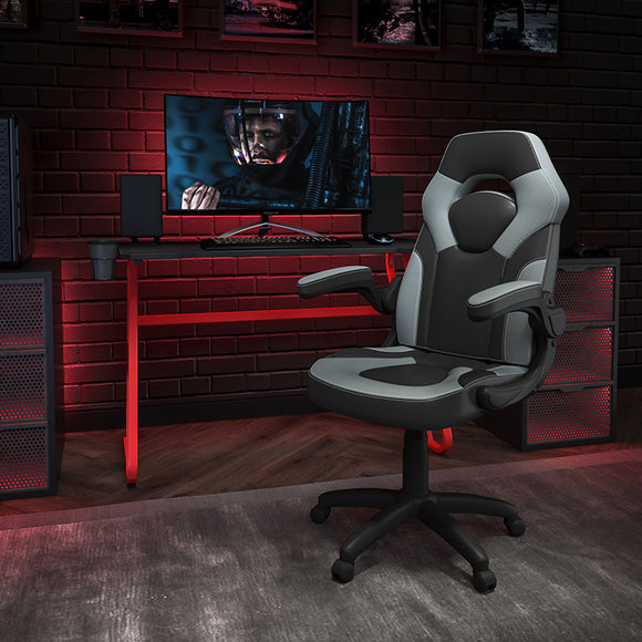 Red Gaming Desk and Gray/Black Racing Chair Set with Cup Holder and Headphone Hook by Office Chairs PLUS