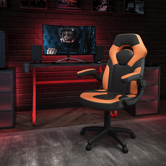 Red Gaming Desk and Orange/Black Racing Chair Set with Cup Holder and Headphone Hook by Office Chairs PLUS