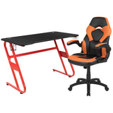 Red Gaming Desk and Orange/Black Racing Chair Set with Cup Holder and Headphone Hook