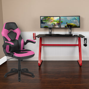 Red Gaming Desk and Pink/Black Racing Chair Set with Cup Holder and Headphone Hook by Office Chairs PLUS
