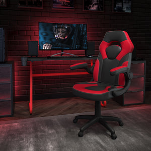 Red Gaming Desk and Red/Black Racing Chair Set with Cup Holder and Headphone Hook by Office Chairs PLUS