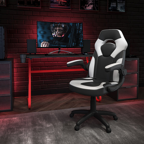 Red Gaming Desk and White/Black Racing Chair Set with Cup Holder and Headphone Hook by Office Chairs PLUS