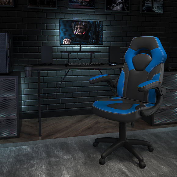Black Gaming Desk and Blue/Black Racing Chair Set with Cup Holder, Headphone Hook, and Monitor/Smartphone Stand by Office Chairs PLUS