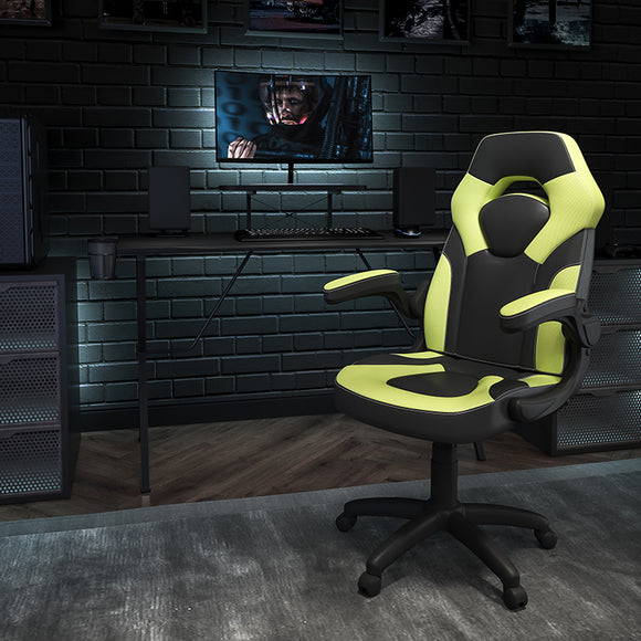 Black Gaming Desk and Green/Black Racing Chair Set with Cup Holder, Headphone Hook, and Monitor/Smartphone Stand by Office Chairs PLUS