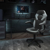 Black Gaming Desk and Gray/Black Racing Chair Set with Cup Holder, Headphone Hook, and Monitor/Smartphone Stand by Office Chairs PLUS