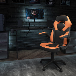 Black Gaming Desk and Orange/Black Racing Chair Set with Cup Holder, Headphone Hook, and Monitor/Smartphone Stand by Office Chairs PLUS
