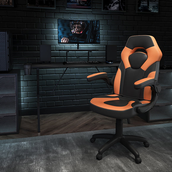 Black Gaming Desk and Orange/Black Racing Chair Set with Cup Holder, Headphone Hook, and Monitor/Smartphone Stand by Office Chairs PLUS