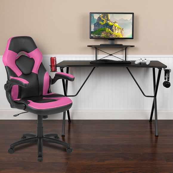 Black Gaming Desk and Pink/Black Racing Chair Set with Cup Holder, Headphone Hook, and Monitor/Smartphone Stand by Office Chairs PLUS