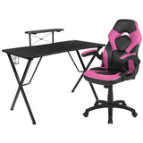 Black Gaming Desk and Pink/Black Racing Chair Set with Cup Holder, Headphone Hook, and Monitor/Smartphone Stand