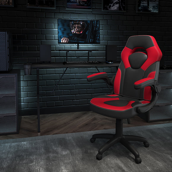 Black Gaming Desk and Red/Black Racing Chair Set with Cup Holder, Headphone Hook, and Monitor/Smartphone Stand by Office Chairs PLUS