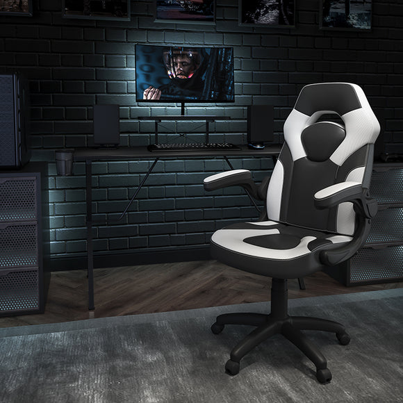 Black Gaming Desk and White/Black Racing Chair Set with Cup Holder, Headphone Hook, and Monitor/Smartphone Stand by Office Chairs PLUS