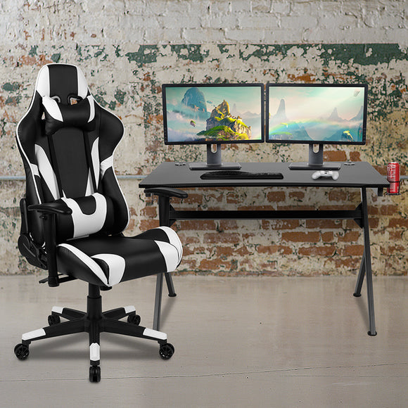 Black Gaming Desk and Black Reclining Gaming Chair Set with Cup Holder, Headphone Hook & 2 Wire Management Holes by Office Chairs PLUS