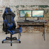 Black Gaming Desk and Blue/Black Reclining Gaming Chair Set with Cup Holder, Headphone Hook & 2 Wire Management Holes by Office Chairs PLUS