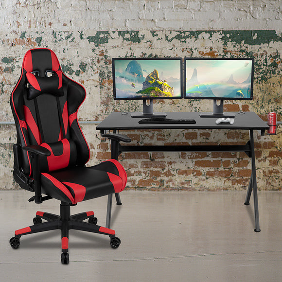 Black Gaming Desk and Red/Black Reclining Gaming Chair Set with Cup Holder, Headphone Hook & 2 Wire Management Holes by Office Chairs PLUS