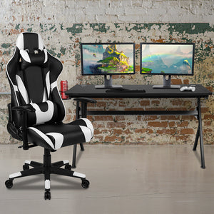 Gaming Desk and Black Reclining Gaming Chair Set /Cup Holder/Headphone Hook/Removable Mouse Pad Top - Wire Management by Office Chairs PLUS