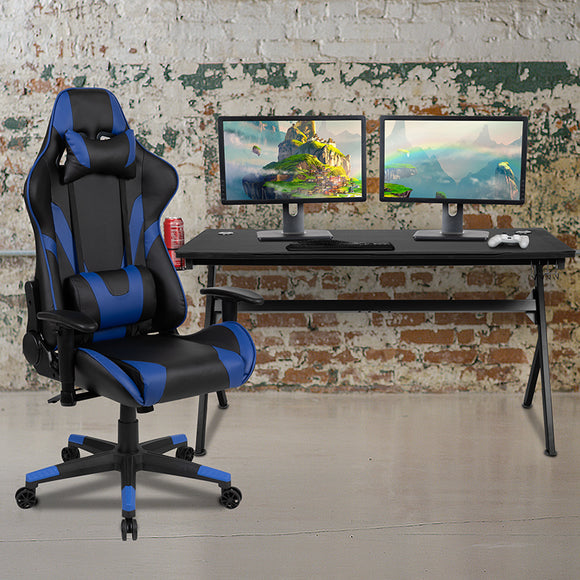 Gaming Desk and Blue/Black Reclining Gaming Chair Set /Cup Holder/Headphone Hook/Removable Mouse Pad Top - Wire Management by Office Chairs PLUS
