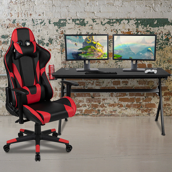 Gaming Desk and Red/Black Reclining Gaming Chair Set /Cup Holder/Headphone Hook/Removable Mouse Pad Top - Wire Management by Office Chairs PLUS
