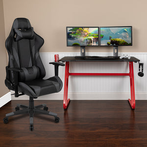 Red Gaming Desk and Gray Reclining Gaming Chair Set with Cup Holder and Headphone Hook by Office Chairs PLUS