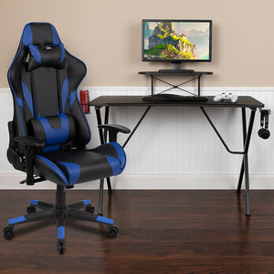 Black Gaming Desk and Blue Reclining Gaming Chair Set with Cup Holder, Headphone Hook, and Monitor/Smartphone Stand by Office Chairs PLUS