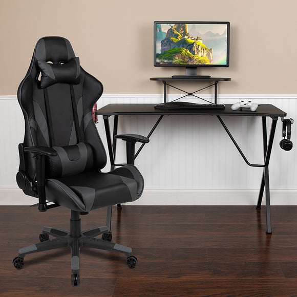Black Gaming Desk and Gray Reclining Gaming Chair Set with Cup Holder, Headphone Hook, and Monitor/Smartphone Stand by Office Chairs PLUS